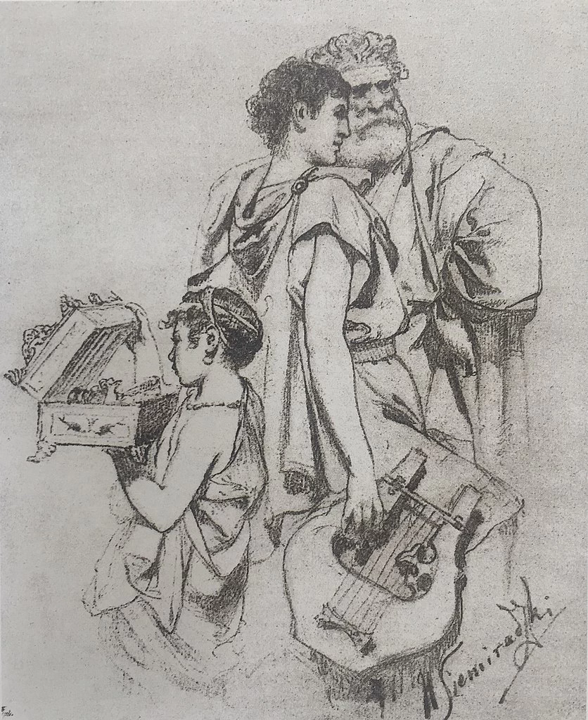 Henryk Siemiradzki - Un gruppo di un vecchio, un giovane e un ragazzo con un cofanetto aperto, studio per Frine